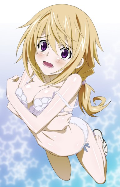Anime picture 1089x1697 with infinite stratos 8bit charles dunois tall image blush breasts open mouth light erotic simple background blonde hair large breasts purple eyes underwear only crossed arms girl underwear star (symbol)
