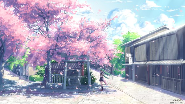 Anime picture 1920x1080 with vocaloid hatsune miku yuko-san single long hair fringe highres wide image twintails holding signed sky cloud (clouds) green hair sunlight shadow cherry blossoms street girl uniform