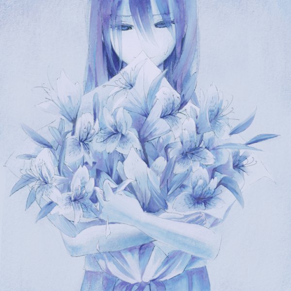 Anime picture 1000x1000 with original tomi (artist) single long hair simple background smile tears monochrome girl flower (flowers) bouquet lily (flower)