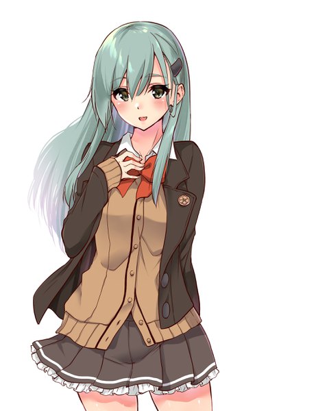 Anime-Bild 2000x2500 mit kantai collection suzuya heavy cruiser sarfata single long hair tall image looking at viewer blush fringe highres breasts open mouth simple background hair between eyes white background brown eyes pleated skirt fingernails aqua hair open jacket