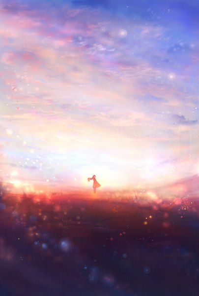 Anime picture 750x1110 with original bounin single long hair tall image fringe standing sky cloud (clouds) wind sparkle girl skirt