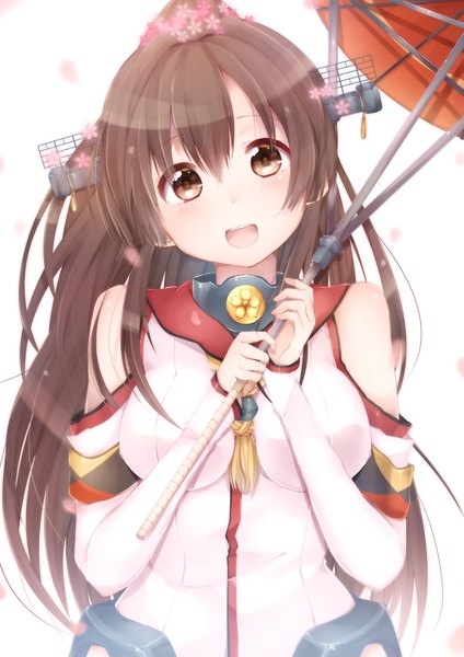Anime picture 1061x1500 with kantai collection yamato super battleship cherry rosso single long hair tall image looking at viewer open mouth simple background brown hair white background brown eyes girl hair ornament detached sleeves petals umbrella