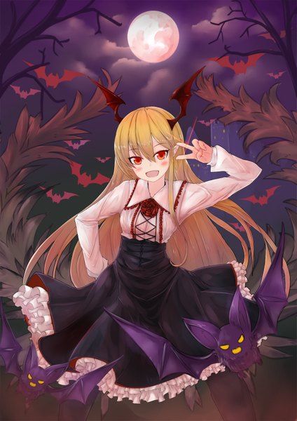 Anime picture 1169x1653 with shingeki no bahamut granblue fantasy vampy kuronekozero single long hair tall image looking at viewer blush fringe open mouth blonde hair hair between eyes red eyes standing payot cloud (clouds) tail long sleeves head tilt