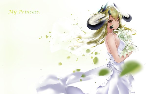 Anime picture 1500x959 with arknights estelle (arknights) scup single long hair brown eyes horn (horns) green hair text turning head english girl dress flower (flowers) petals white dress bouquet strapless dress bride