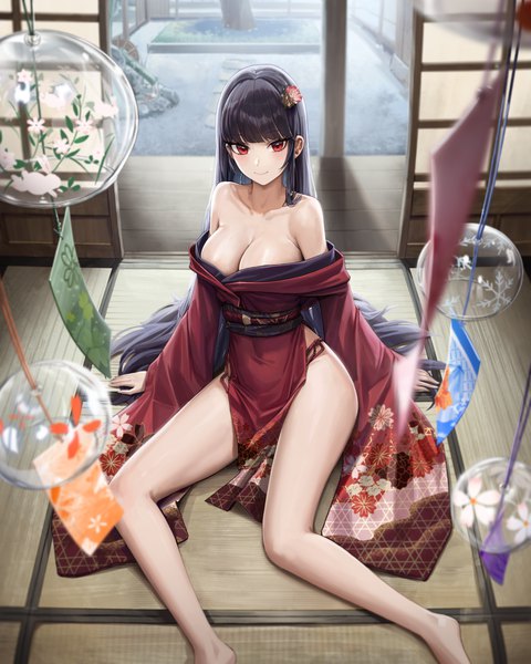 Anime picture 4000x5000 with original cryturtle single long hair tall image looking at viewer blush fringe highres breasts light erotic black hair smile red eyes large breasts sitting bare shoulders absurdres cleavage full body