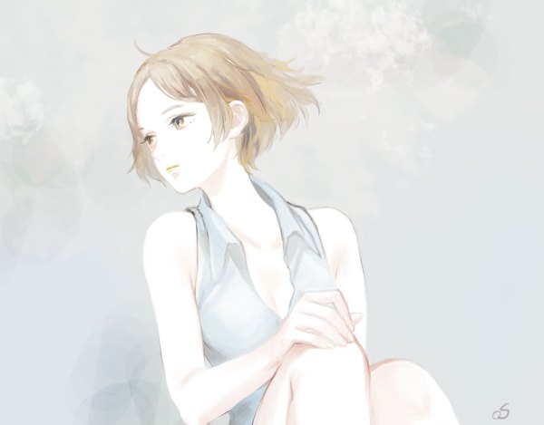 Anime picture 1200x939 with original iwamoto zerogo single short hair simple background brown hair sitting brown eyes signed looking away grey background sleeveless hand on knee girl
