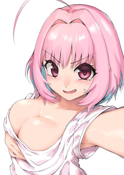 Anime picture 1240x1748 with idolmaster idolmaster cinderella girls yumemi riamu hamita1220 single tall image looking at viewer blush fringe short hair breasts open mouth light erotic simple background smile hair between eyes large breasts white background pink hair cleavage