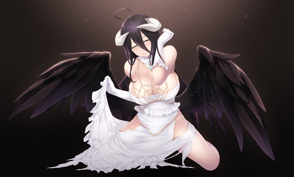 Anime picture 6614x3994 with overlord (maruyama) madhouse albedo (overlord) cait single long hair looking at viewer blush fringe highres breasts light erotic black hair simple background hair between eyes wide image large breasts bare shoulders yellow eyes absurdres