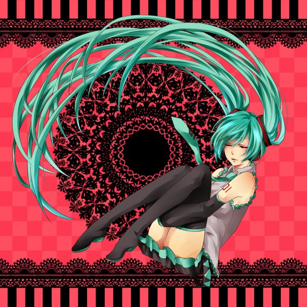 Anime picture 1600x1600 with vocaloid hatsune miku rico (fbn3) long hair twintails eyes closed green hair girl thighhighs skirt detached sleeves miniskirt necktie
