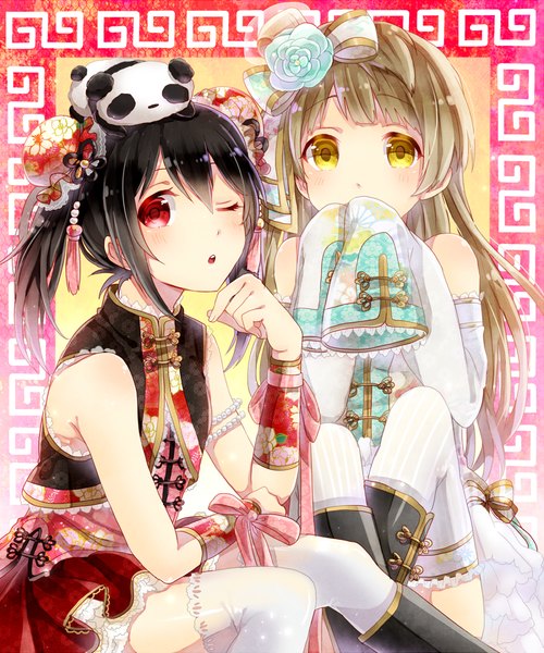 Anime-Bild 900x1080 mit love live! school idol project sunrise (studio) love live! yazawa nico minami kotori poison916 long hair tall image blush short hair black hair red eyes brown hair sitting twintails bare shoulders multiple girls yellow eyes traditional clothes parted lips