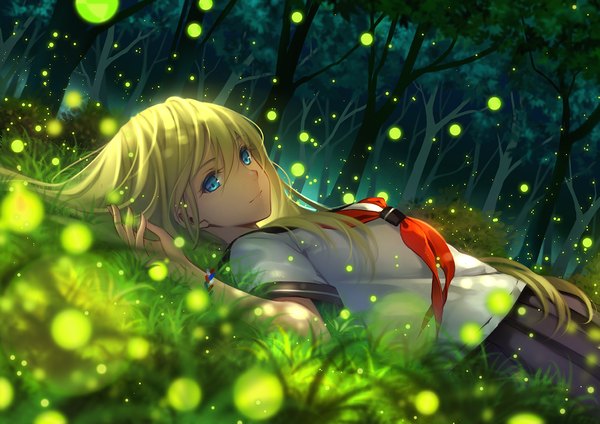 Anime picture 1414x1000 with original tidsean single long hair looking at viewer blue eyes blonde hair lying pleated skirt on back girl skirt uniform plant (plants) tree (trees) serafuku bracelet insect grass forest