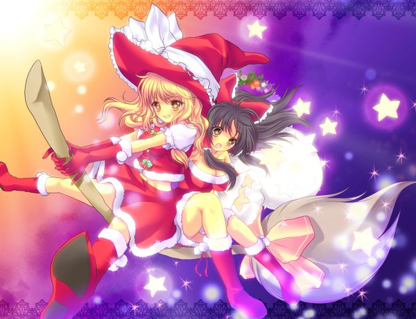 Anime picture 1300x1000 with touhou hakurei reimu kirisame marisa cube (maryquant) long hair open mouth black hair blonde hair multiple girls yellow eyes broom riding girl skirt gloves bow 2 girls hair bow boots star (symbol) witch hat