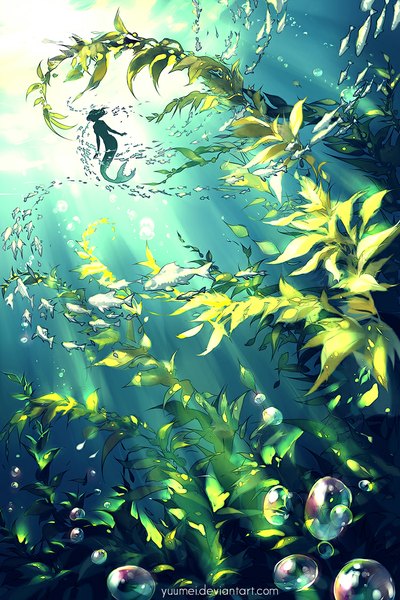 Anime picture 750x1125 with original yuumei tall image short hair tail sunlight from below sunbeam girl plant (plants) animal bubble (bubbles) fish (fishes) mermaid algae