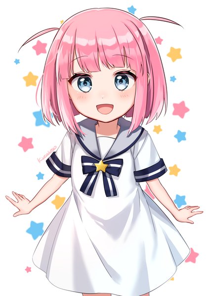 Anime picture 1000x1412 with bocchi the rock! cloverworks gotou futari kawagami raito single tall image looking at viewer blush fringe short hair open mouth blue eyes white background pink hair blunt bangs :d two side up sailor collar girl star (symbol)