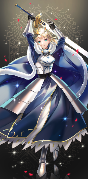 Anime picture 738x1500 with fate (series) fate/stay night artoria pendragon (all) saber noes single tall image looking at viewer short hair blonde hair green eyes full body ahoge arms up sparkle girl weapon petals sword armor