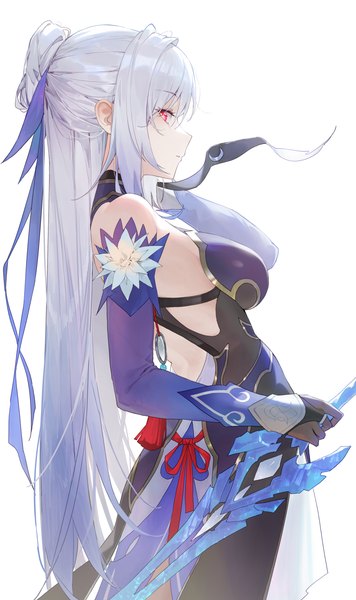 Anime picture 2480x4180 with honkai: star rail honkai (series) jingliu (honkai: star rail) gmirror1 single long hair tall image looking at viewer highres light erotic simple background red eyes white background silver hair profile half updo girl weapon sword