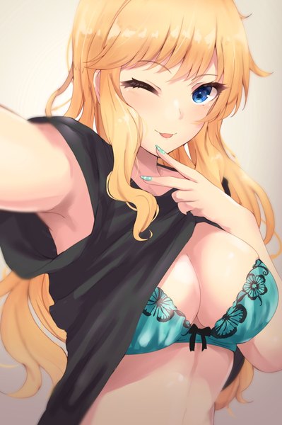 Anime picture 1362x2048 with idolmaster idolmaster cinderella girls ootsuki yui ryuu. single long hair tall image looking at viewer blush fringe breasts blue eyes light erotic simple background blonde hair large breasts cleavage upper body nail polish one eye closed