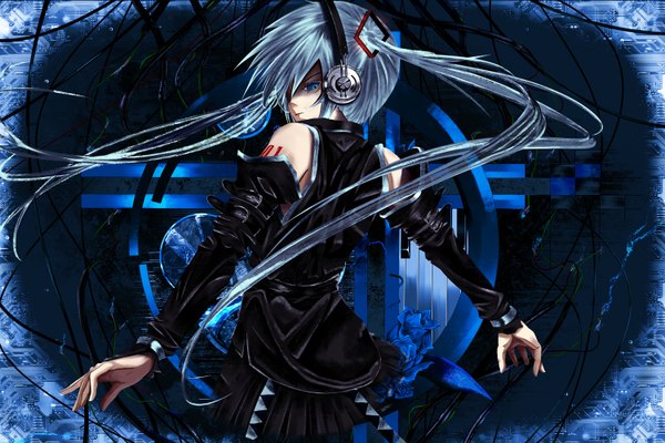 Anime picture 1500x1000 with vocaloid hatsune miku blue hair tattoo girl headphones wire (wires)