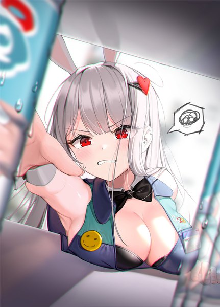 Anime picture 1292x1800 with original lee seok ho single long hair tall image blush fringe breasts light erotic red eyes large breasts animal ears looking away silver hair upper body blunt bangs blurry bunny ears piercing outstretched arm