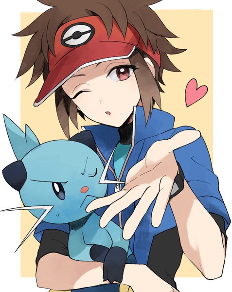 Аниме картинка 1200x1508 с покемон pokemon black and white nintendo nate (pokemon) dewott yukin (es) один (одна) высокое изображение смотрит на зрителя короткие волосы простой фон каштановые волосы карие глаза верхняя часть тела один глаз закрыт подмигивание бордюр (описание) жёлтый фон gen 5 pokemon воздушный поцелуй