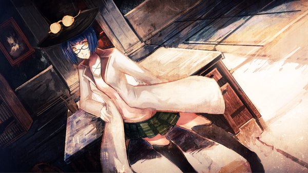 Anime picture 1920x1080 with original saimon ma single highres short hair wide image yellow eyes blue hair hand on hip girl skirt hat miniskirt glasses thigh boots cloak table
