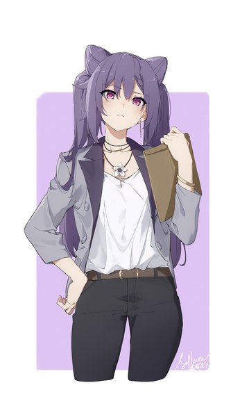 Anime picture 3000x5200 with genshin impact keqing (genshin impact) slyvia single long hair tall image looking at viewer blush fringe highres simple background purple eyes twintails holding signed payot purple hair long sleeves head tilt hair bun (hair buns)