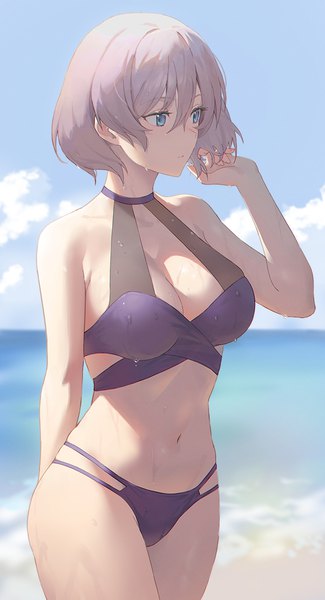 Anime picture 650x1200 with gridman universe ssss.dynazenon studio trigger mujina seon (seonon ) single tall image fringe short hair breasts blue eyes light erotic hair between eyes large breasts looking away sky silver hair cloud (clouds) outdoors arm up