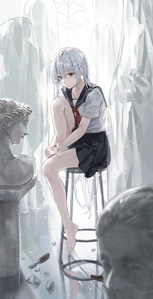 Anime picture 1643x3200 with original ekina (1217) single tall image looking at viewer fringe hair between eyes sitting silver hair full body bent knee (knees) very long hair pleated skirt barefoot short sleeves grey eyes reflection expressionless backlighting girl
