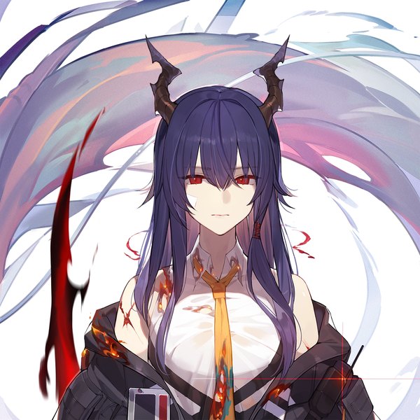 Anime picture 1240x1240 with arknights ch'en (arknights) inxst single long hair looking at viewer fringe hair between eyes red eyes white background bare shoulders purple hair upper body horn (horns) off shoulder open jacket torn clothes expressionless girl shirt