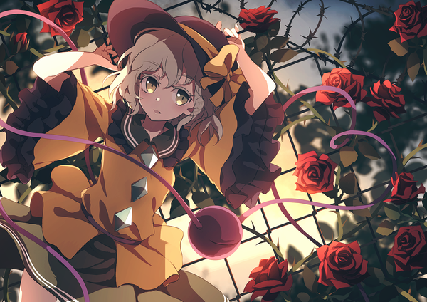 Anime picture 1600x1133 with touhou komeiji koishi dise single fringe short hair hair between eyes green eyes upper body grey hair wide sleeves arms up heart of string girl flower (flowers) hat frills heart rose (roses) red rose