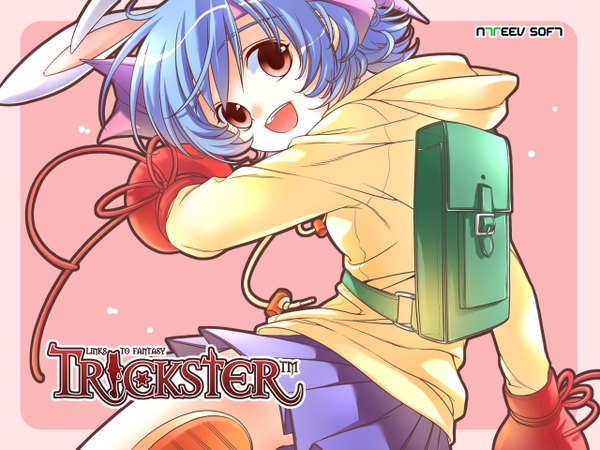 Anime picture 1280x960 with trickster trickster revolution bunny (trickster) shirahane nao red eyes animal ears blue hair bunny ears skirt gloves headband bag backpack boxing gloves