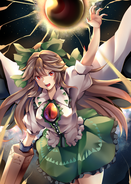 Anime picture 2480x3496 with touhou reiuji utsuho koizumo single long hair tall image fringe highres open mouth hair between eyes red eyes brown hair looking away :d arm up magic arm cannon girl skirt bow