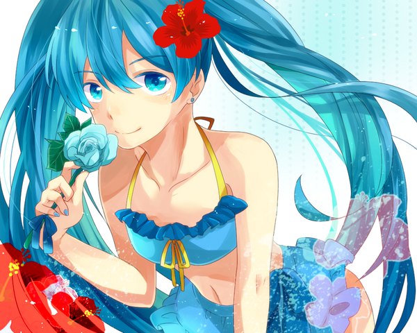 Anime picture 1000x800 with vocaloid hatsune miku sakuraba hinano single long hair blue eyes simple background white background twintails blue hair hair flower girl hair ornament flower (flowers) swimsuit