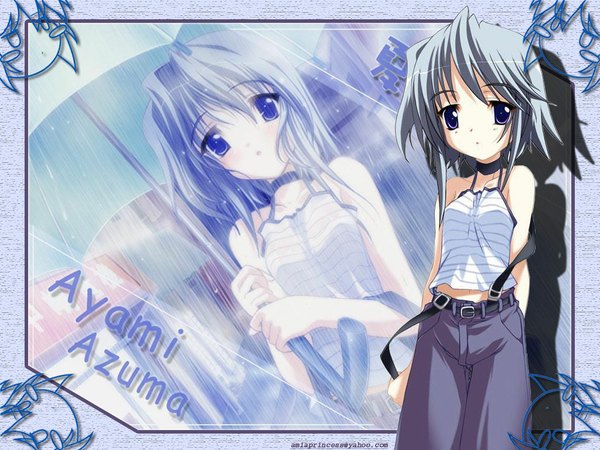 Anime picture 1024x768 with natsu shoujo azuma ayami fujiwara warawara mya (minitokyo) looking at viewer short hair blue eyes blue hair character names rain multiview third-party edit girl choker umbrella pants camisole