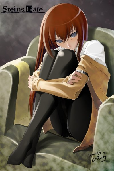 Anime picture 1600x2400 with steins;gate white fox makise kurisu okingjo single long hair tall image looking at viewer blush brown hair sitting black eyes open clothes open jacket no shoes girl shirt armchair
