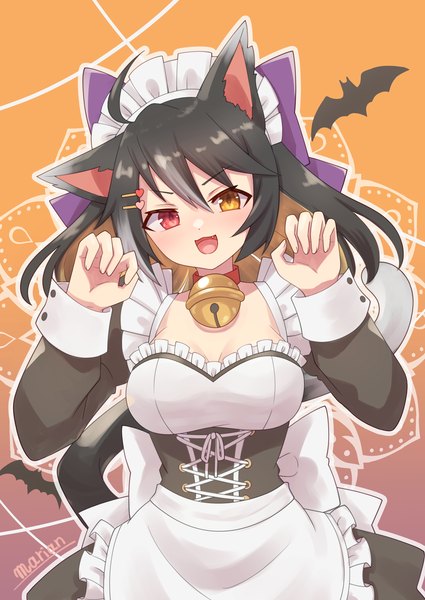 Anime picture 1254x1771 with original marian oekaki single long hair tall image looking at viewer fringe open mouth black hair hair between eyes signed animal ears ahoge tail head tilt :d animal tail multicolored hair cat ears maid