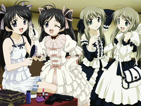 Anime picture 1600x1200 with futakoi alternative futakoi shirogane sara shirogane souju sakurazuki yura sakurazuki kira lolita fashion twins gun