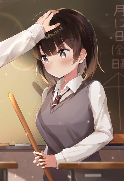 Anime picture 2810x4082 with original akagikou tall image blush fringe highres short hair brown hair standing holding payot looking away upper body indoors blunt bangs grey eyes depth of field lens flare hieroglyph solo focus