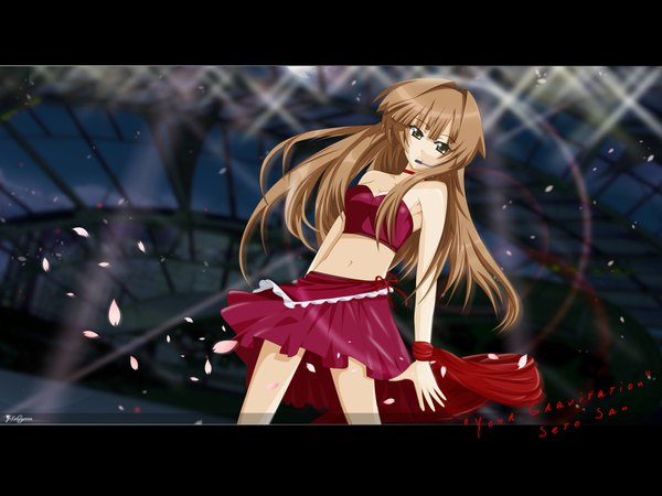 Anime picture 1600x1200 with seto no hanayome seto san solwyvern single long hair looking at viewer brown hair bare shoulders brown eyes signed blurry wallpaper vector derivative work concert girl skirt navel petals choker