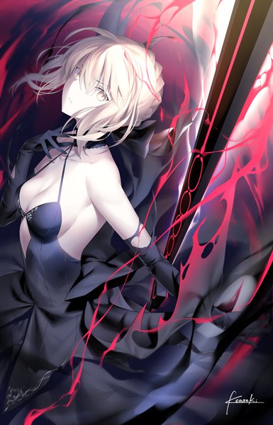 Anime picture 650x1011 with fate (series) fate/grand order artoria pendragon (all) saber alter kousaki rui single tall image looking at viewer fringe short hair breasts light erotic blonde hair hair between eyes bare shoulders signed yellow eyes payot cleavage from above