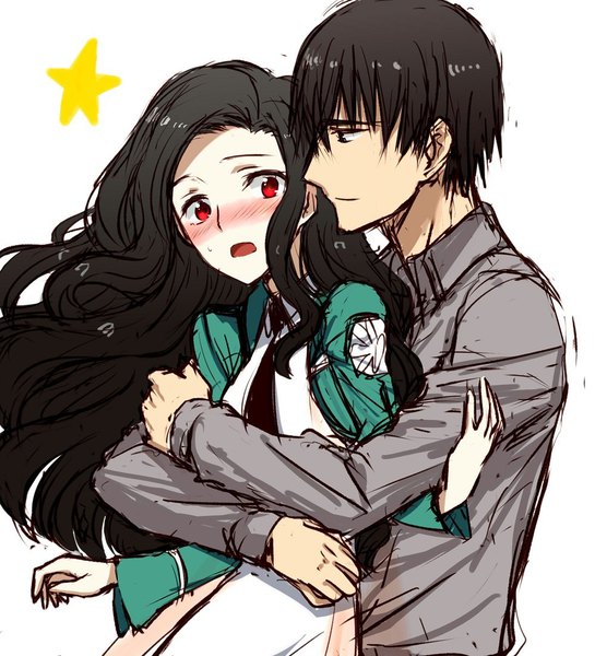 Anime picture 1000x1100 with mahouka koukou no rettousei shiba tatsuya saegusa mayumi sbs long hair tall image blush short hair open mouth black hair simple background red eyes white background payot light smile black eyes embarrassed hug arched back hug from behind