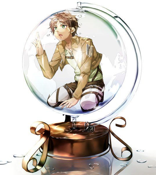 Anime picture 1717x1912 with shingeki no kyojin production i.g eren yaeger akami fumio single tall image highres short hair brown hair green eyes reflection boy uniform water jacket bubble (bubbles) globe