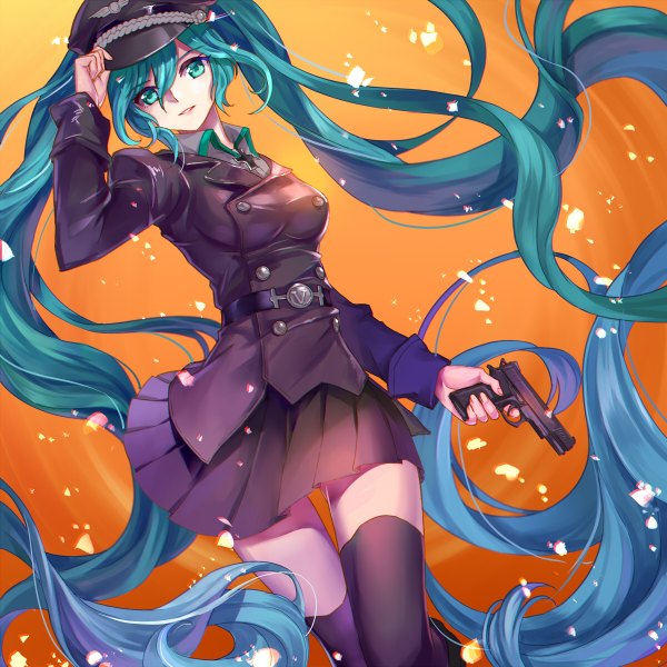 Anime picture 1200x1200 with vocaloid hatsune miku monogo single looking at viewer twintails very long hair aqua eyes aqua hair girl thighhighs skirt weapon black thighhighs petals gun peaked cap