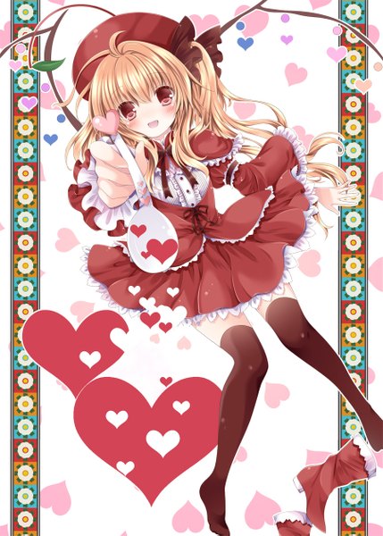 Anime picture 900x1259 with touhou flandre scarlet nogi takayoshi single long hair tall image looking at viewer blush open mouth blonde hair red eyes girl thighhighs dress skirt black thighhighs heart skirt set spoon