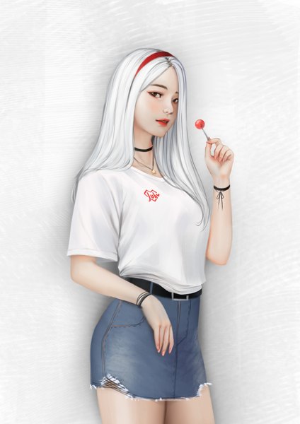Anime picture 2480x3508 with original mio (jubi) jubi (regiana) single long hair tall image looking at viewer highres simple background white background brown eyes signed white hair nail polish parted lips realistic lipstick red lipstick no glasses girl
