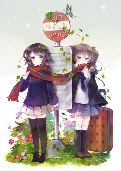 Anime picture 2480x3507 with original hanekoto tall image highres short hair black hair brown hair brown eyes girl thighhighs skirt uniform flower (flowers) black thighhighs school uniform miniskirt scarf insect butterfly traffic sign