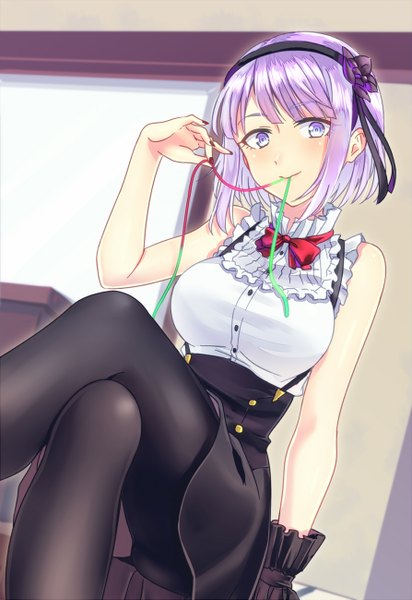 Anime picture 894x1300 with dagashi kashi feel (studio) shidare hotaru rosa tsubomi single tall image looking at viewer blush short hair blue eyes sitting purple hair crossed legs girl dress hair ornament pantyhose food hairband sweets