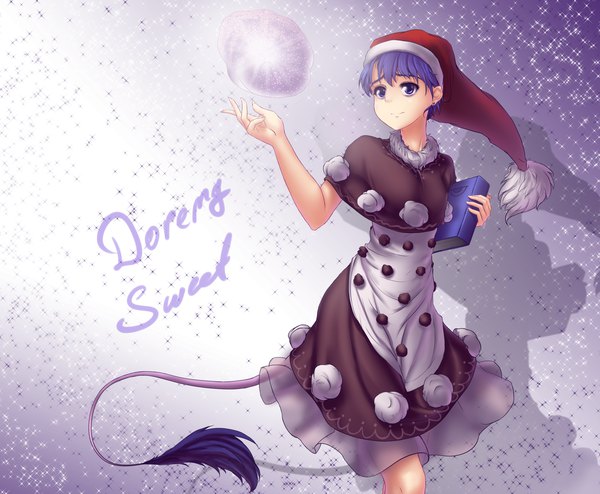 Anime picture 2004x1650 with touhou doremy sweet hater (hatater) single highres short hair blue eyes holding blue hair tail animal tail sparkle shadow character names girl dress hat book (books) mantle pom pom (clothes)