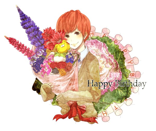 Anime picture 1424x1200 with shinee (group) taemin tagme (artist) single blush short hair simple background smile white background brown eyes orange hair inscription text english happy birthday boy flower (flowers) plant (plants) shirt necktie