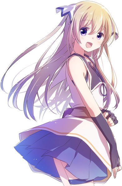 Anime picture 2468x3772 with shichisei no subaru kuga asahi nyaa (nnekoron) single long hair tall image looking at viewer fringe highres open mouth simple background blonde hair hair between eyes white background purple eyes two side up girl gloves fingerless gloves